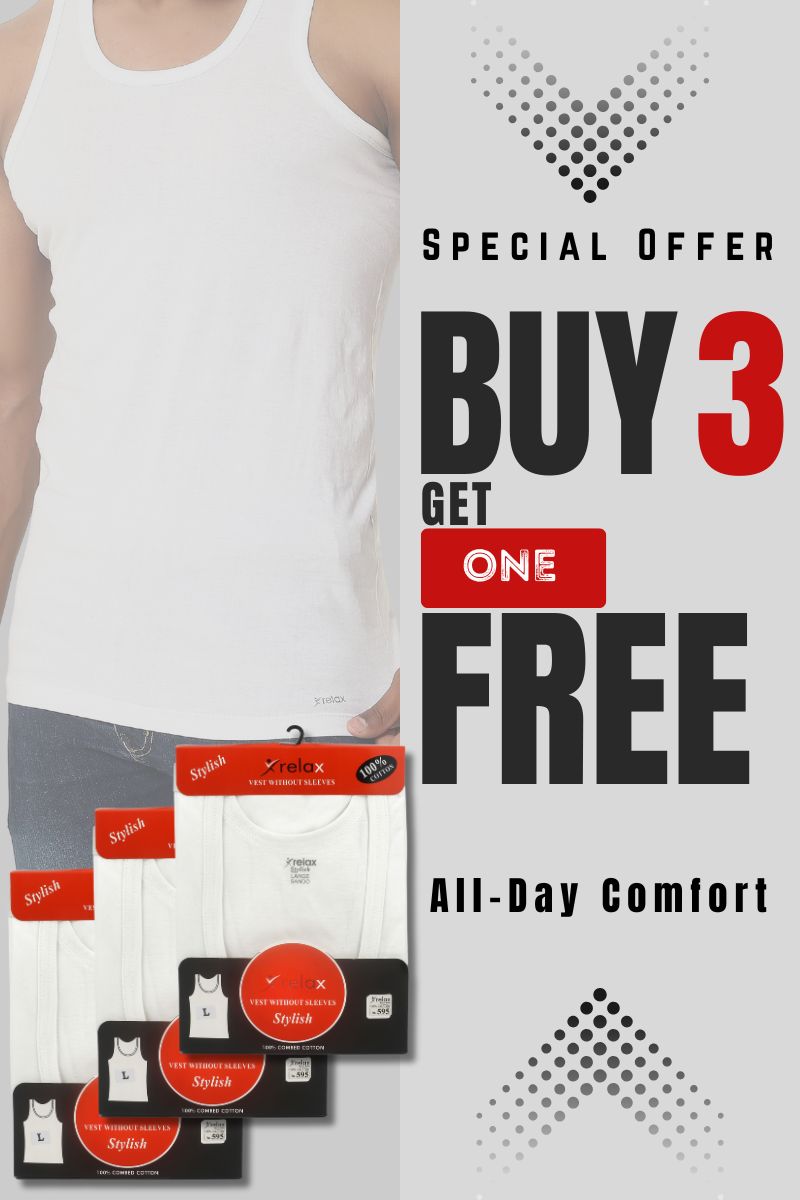 relax vest white(Sleeves Less) 100% cotton (BUY 3 GET 1 FREE)