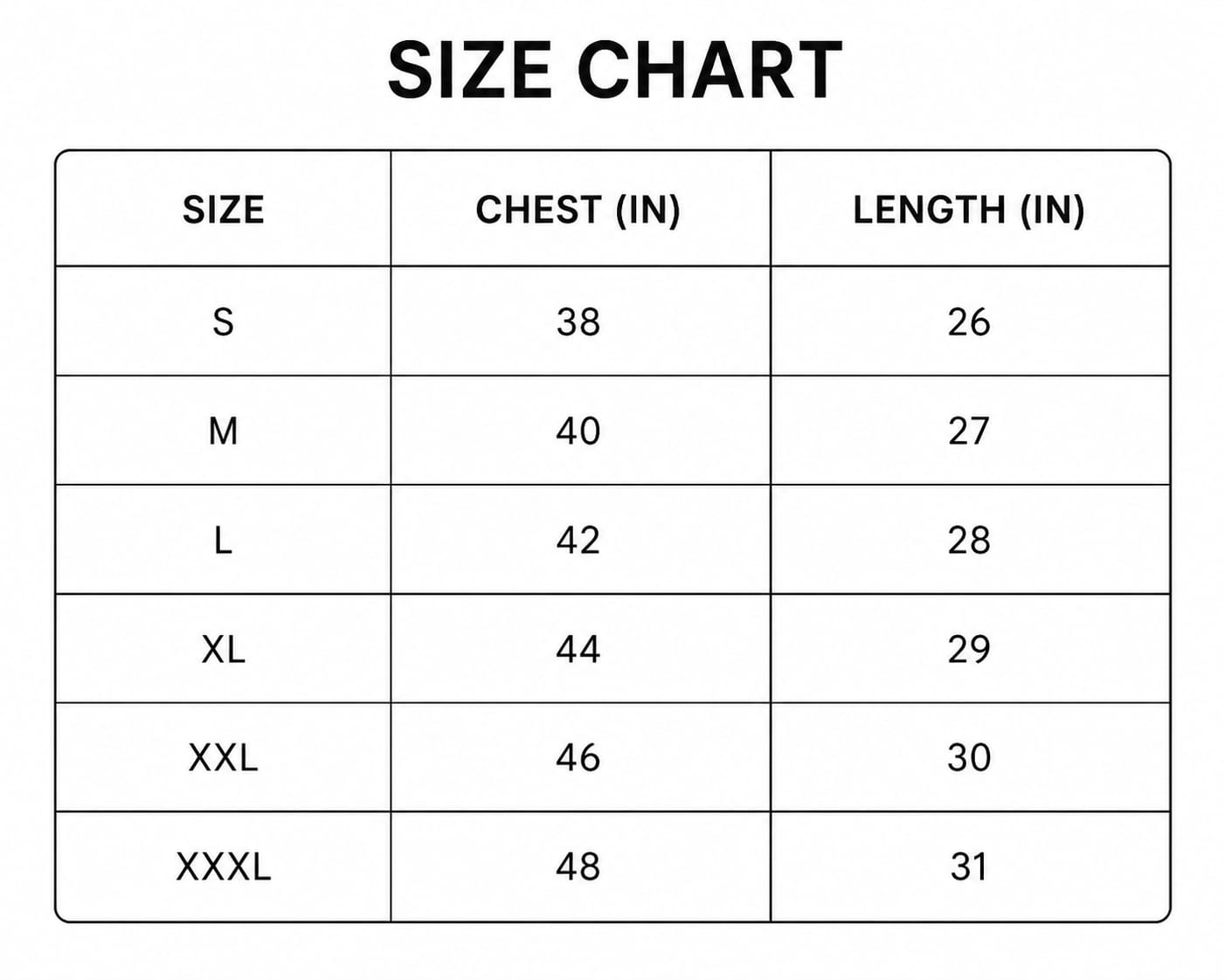 Relax Cotton T-shirt size chart